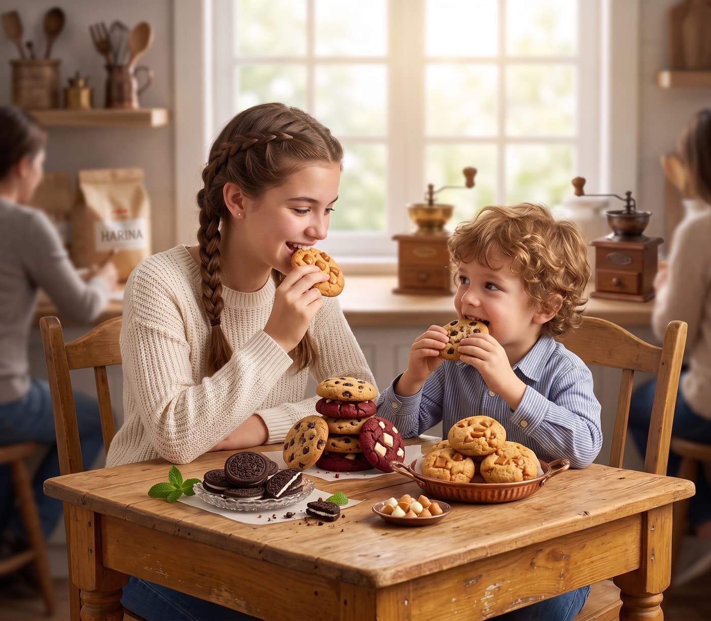 Niña y niño compartiendo galletas ALMALUZ en una cocina casera